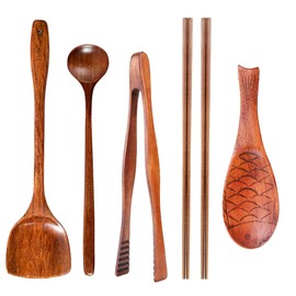 Kitchen (6 Pc Set) Wooden Utensils For Cooking - Wood Wok Shovel,Wooden Barbecue Tongs,Cooking chopsticks,Long Spoons Wooden,Nanmu Fish Shaped Rice Spoon