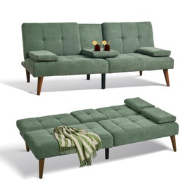 COLAMY Futon Sofa Bed-Fabric Small Couch, Lounge Convertible with 2 Cup Holders, Removable Soft Armrest, Adjustable Backrest for Dorm/Bedroom/College