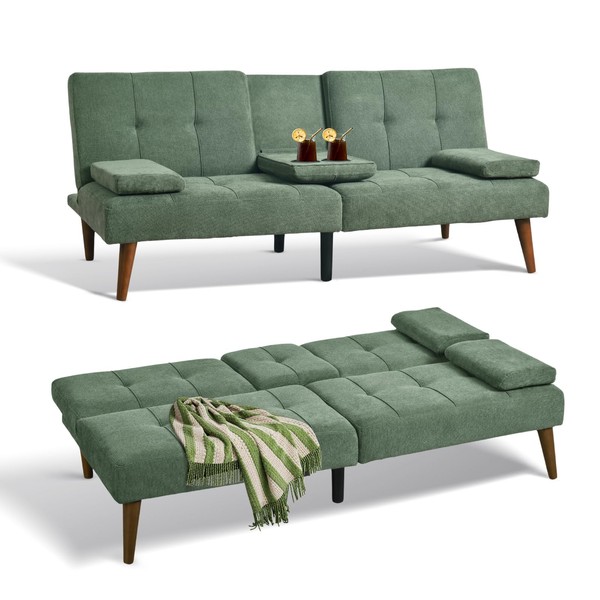 COLAMY Futon Sofa Bed-Fabric Small Couch, Lounge Convertible with 2