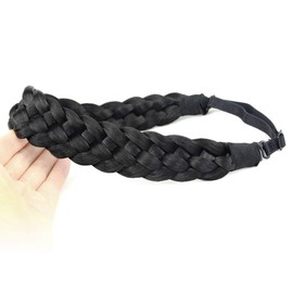 BOBIYA 5 Strands Synthetic Hair Braided Headband Classic Chunky Wide Plaited Braids Elastic Stretch Hairpiece for Women Girl Beauty Accessory, 56g (Black)
