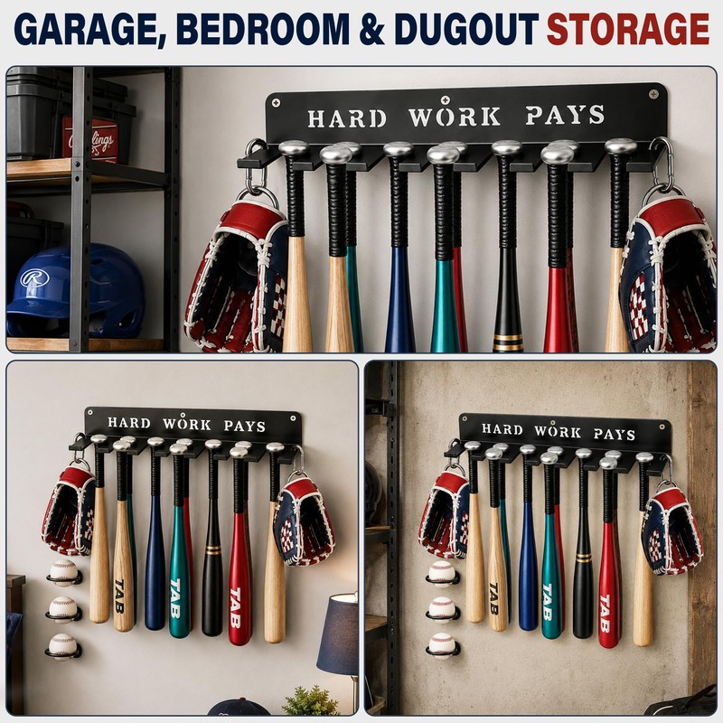 BIHOMIFI Baseball Bat Wall Mount Rack & Baseball Ring Set,