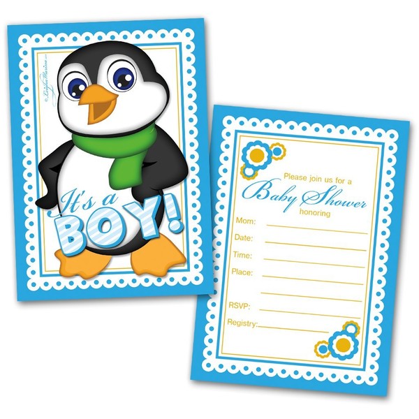20 Baby Shower Cards and 20 Envelopes 'It's a Boy' Penguin