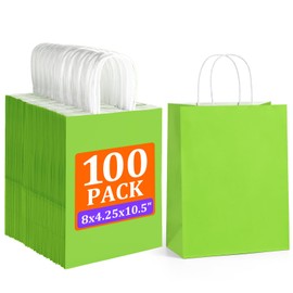 BagDream 100Pcs Green Gift Bags 8x4.25x10.5 Inch Medium Kraft Paper Gift Bags with Handles Bulk, Birthday Wedding Baby Shower Party Favor Retail Recyclable Paper Sacks