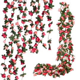 Bacucine Flower Garland 8PCS 63Ft Artificial Rose Vine Hanging Flower Vines with Green Leaves Floral Garland for Wedding Wall Arch Party Decor (Pink)