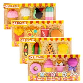 BAZIC Products - Borradores 3D, mini borradores para lápices de alimentos (4 unidades), 4 unidades para premios a granel, caja de premios, caja del tesoro, artículos imprescindibles para el aula