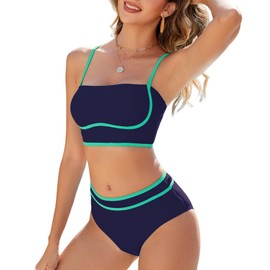 Urchics High Waisted Bikini Sets for Women Color Block Sporty Two Piece Swimsuits Straps Modest Bathing Suits Navy M