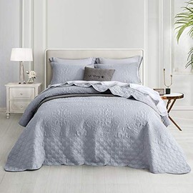 CHIXIN Oversized Bedspread Coverlet Set Grey - King Size Lightweight Thin Comforter Bedding Cover - 3 Piece Reversible Set with 2 Matching Shams for All Season - Floral Embossed Solid Pattern