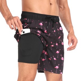Houselog Mens Swim Trunks with Compression Liner 2 in 1 Swimming Shorts Stretch Trunks Quick Dry Beach Shorts Bathing Suit with Pockets(Black Flamingo-L)