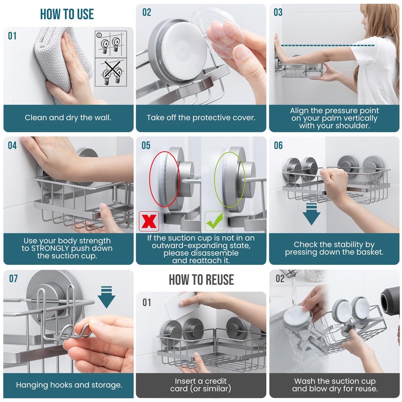 TAILI Corner-adaptive Suction Cup Shower Caddy 2 Pack, Stainless Steel