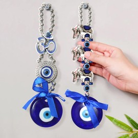 Tied Ribbons Evil Eye Hanging Decor | Metal, 2 Set | 7 Inch | Turkish Evil Eye Wall Hanging | Evil Eye Decor for Living Room, Bedroom, Car Hanging, Protection Charm, Valentines Day Decorations