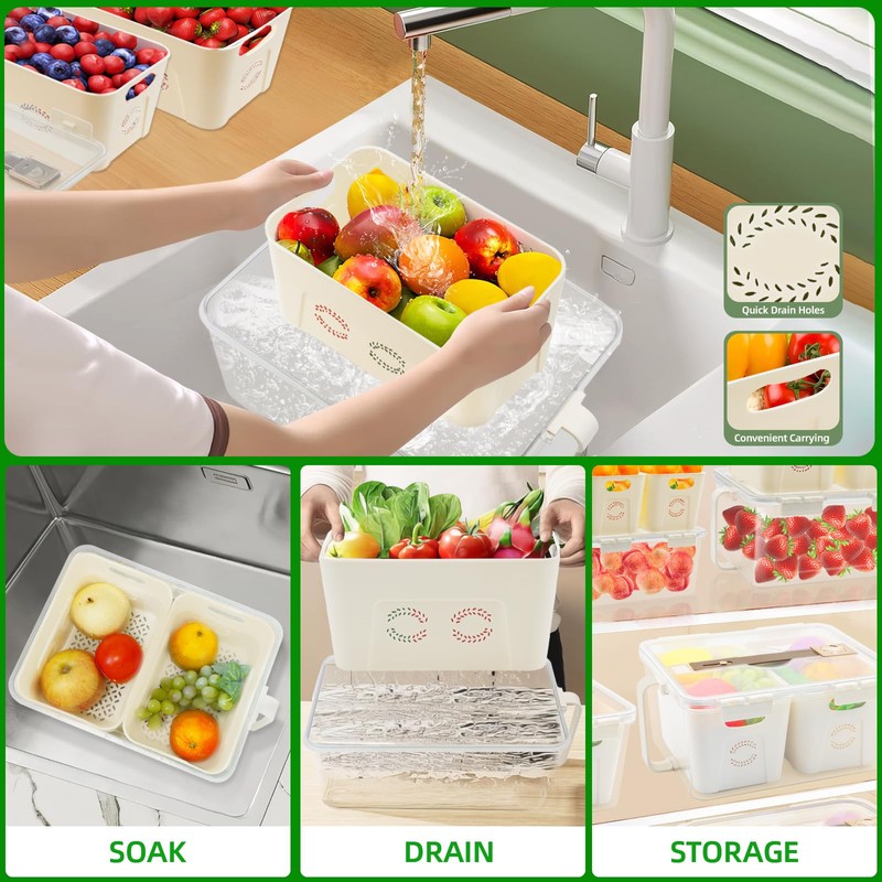 Airtight Fruit Storage Containers with Handle & Timer, Stackable Divided