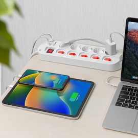 revolt USB Splitter Sockets: Set of 2 5-Way Power Strips, Individually Switchable, 1x USB-C, 1x USB-A (Multiple Power Strip with USB, Power Strip with USB Port, Charger)