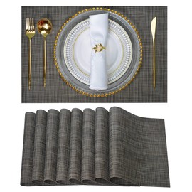 DOMEEKI Placemats, Set of 8 Heat and Stain Resistant PVC Placemats, Washable & Durable Woven Vinyl Table Placemats, Indoor/Outdoor Use Table Mats (Set of 8, Coffee Grey)