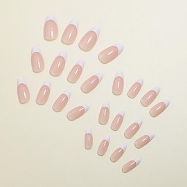 Almond Press on Nails White Minimalist Style French Tip Fake Nails Glossy Nude-Pink Pure Color Designs Acrylic Wearing Nails Almond False Nails with French Nail Tips for Women Girls