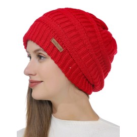 Belle Dame Winter Beanie Hat for Women Cable Knit Hat Winter Cap Fleece Lined Toque Skull Cap (HT507-RD)