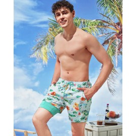 SURF CUZ Mens Swim Trunks with Compression Liner Quick Dry Swim Shorts 7" Swimming Trunks Stretch Bathing Suit Zipper Pockets,Tropical Breezers,M