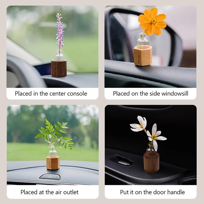 WAYUTO Self-Adhesive Glass Vase with Walnut Stand Removable Car Plant