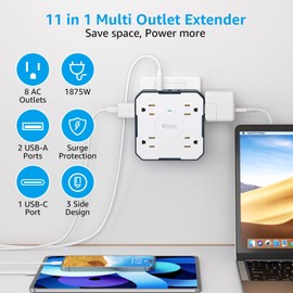 Surge Protector Outlet Extender, 8 AC Outlet Splitter with 3 USB Ports, Multiple Wall Plug Adapter for Travel Home Office