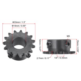 sourcing map 15 Tooth Roller Sprocket B Type, #25 Chain, Single Strand 1/4" Pitch, 14mm Bore Black Oxide C45 Carbon Steel with Set Screws for ISO 04C