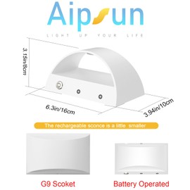 Aipsun Battery Operated LED Wall Sconce Set of Two, USB Rechargeable White Wall Lights Fixtures, Indoor Dimmable Wireless Wall Light, Not Hardwired Fixture for Living Room, Bedroom