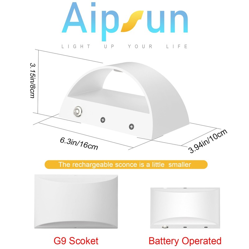 Aipsun White Battery Operated Wall Sconce 2 Packs, USB LED