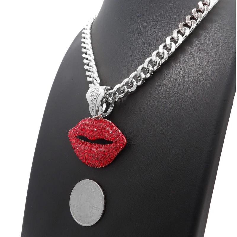GWOOD Kissing Lips with Red Rhinestones 18 Inch 9mm Cuban