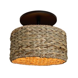 Worth Home Products Woven Seagrass Flush Mount Ceiling Light with Matte Black Base Recessed Can Conversion Kit for 6" Cans | Instant Installation for Bedroom, Hallway, Dining Room and More