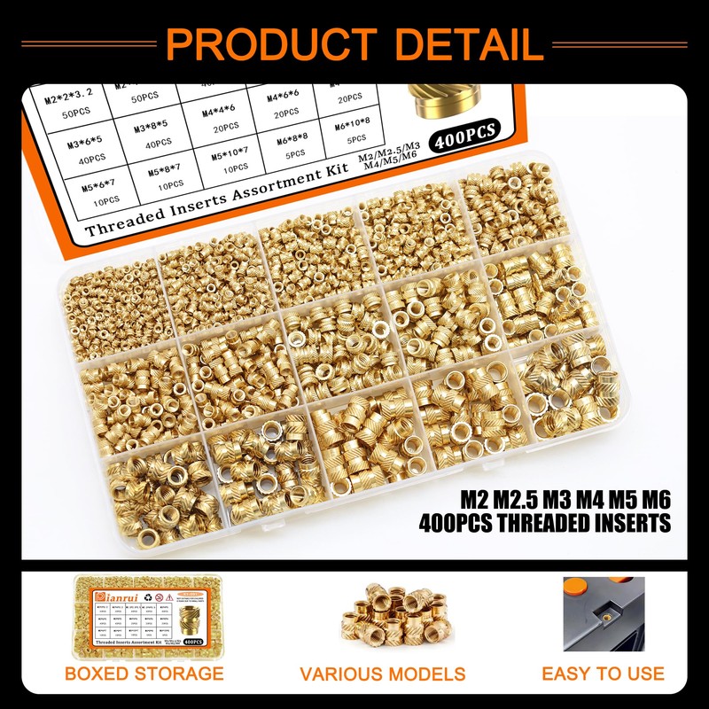 Dianrui 400 PCS Threaded Inserts, M2/ M2.5/ M3/ M4/ M5/