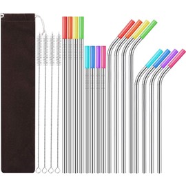 Set de 16 Piezas de Popotes de Acero Inoxidable, Reusables con Puntas de Silicón y Bolsa de Transporte, 4 Cepillo para Popotes y Bolsita para Transportar, para Hogar, Fiestas y Viajes