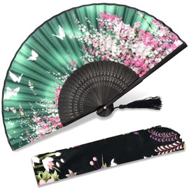OMyTea "Sakura Chinese/Japanese Women Hand Held Silk Folding Fans with Bamboo Frame - With a Fabric Sleeve for Protection (WZS-2)