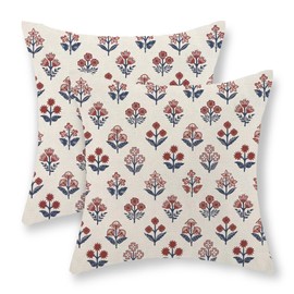 GOLIANDA Red Blue Pillow Covers 18x18 Inch Set of 2 Patriotic 4th of July Throw Pillows Vintage Flower Boho Block Print Floral Decorative Pillow Cases Outdoor Linen Cushion Cover for Couch Sofa Decor