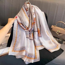 Silk Scarf Women Chiffon Shawl Lotus Scarf Neckerchief Long Head Wrap Thin Scarf Beach Women Hijab Belt Vintage Bridal Shawl Binder Chiffon Scarf Colorful Cloth White Green180*90CM (White-orange)