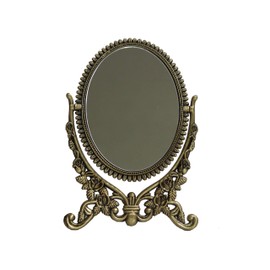 Sehamano - Espejo de mesa de maquillaje con diseño de rosas en relieve envejecido, espejo decorativo ovalado con soporte, espejo de doble cara con marco de metal Ellipse, Brass (Matt Gold), Large