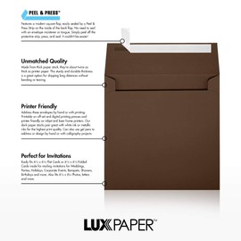 LUX Paper Square Invitation Envelopes for 6 1/4 x 6 1/4 Cards in Chocolate, Printable Envelopes for Invitations, with Peel & Press Seal, 50 Pack, Envelope Size 6 1/2 x 6 1/2 (Brown)
