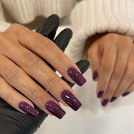 Plum Press On Nails Medium Long Square, Xcreando Medium Coffin Nails Acrylic Press ons Glue on Nails Long Length, Solid Color Fake Nail for Women, Natural Thick Artificial Nail Stick on