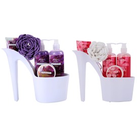 Draizee Heel Spa Basket For Women - 10 Pcs Cherry, Lavender Scent Scented Spa Bath Essentials w/ Spa Baskets for Women Shower Gel, Bubble Bath, Body Butter & Lotion, Soft Bath Puff