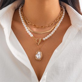 Layered Pearl Necklaces for Women,Vintage Chunky Gold Choker 14K Gold Plated Snake Bone Chain Necklace Baroque Pearl Paperclip Chain OT Buckle Clavicle Necklace Jewelry (Gold)