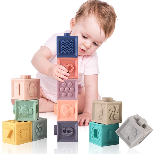 MIXI Baby Toys Blocks, Soft Blocks for Babies 6 Month Baby Toys Teething Toys Infant Toys Baby Building Blocks Montessori Developmental Toys with Numbers Animals Shapes for Baby 6 Months and Up 12PCS