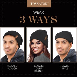 TOSKATOK Unisex Ladies Soft Feel Turn up or Slouch Knit Beanie Hat Warm Winter Woolly Hat Black