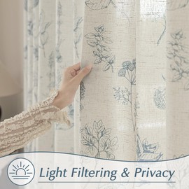 FMFUNCTEX Linen Curtains Floral Patterned Curtains for Bedroom Living Room, Blue Curtains 63 Inch Length Farmhouse Curtains, Light Filtering Beige Window Curtain Grommet Top 2 Panels Set