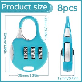 Pack of 8 Combination Padlock Small, Mini Padlock, Combination Lock, Small, Combination Lock, 3 Digits, Resettable, Suitcase Lock, Combination Lock, Mini Lock for Gym, S