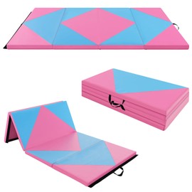 Goplus 8' x 4' x 2" Gymnastics Mat, Folding Tumbling Mat with Carry Handles, Hook & Loop Fasteners, 4 Panels for Fitness Exercise Yoga Stretching Aerobics Workouts, Thick Gym Mats for Home (Blue&Pink)