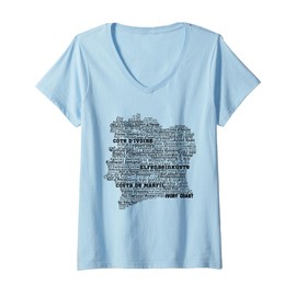 Womens Ivory Coast Map, Côte D'Ivoire in World Languages V-Neck T-Shirt
