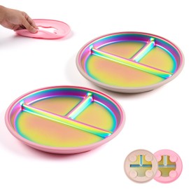 Goldusk Stainless Steel Kids Plates, 2pcs 9" Baby Plates with Suction Rainbow BPA-Free Toddler Plates with Dividers Baby Dishes Set With Removable Food-Grade Silicone Base, Pink & Beige