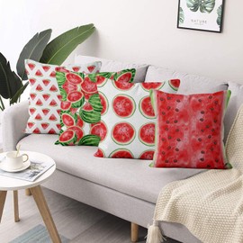ASDCXZ Summer Cushion Cover 40 x 40 cm Set of 4 Summer Fruit Red Green Watermelon White Sofa Decorative Cushion Covers Washable Polyester Flax Textile Outdoor Pillowcase Cushion Cover