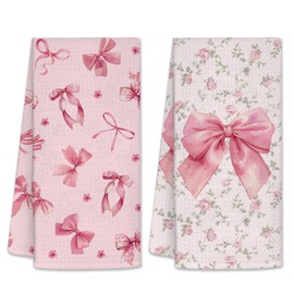PIUFAM Pink Bow Kitchen Towels, Bow Hand Towels for Bathroom, Pink Bow Gifts for Women, Bow Decor, Hand Tea Towels, Waffle Dish Towels for Birthday Christmas Thanksgiving Day 26x17 inch, 2 Pack