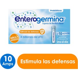 Enterogermina probióticos 4 billones, vial sin refrigeración, 10 amps.