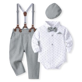 Volunboy Baby Boys Gentleman Romper Outfits Infant Wedding Long Sleeve Suspenders Bowtie Beret Hat Pants Set Toddler Ring Bearer Formal Dress Clothes (Grey, 12-18 Months)