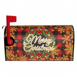 Red Gold Merry Christmas Mailbox Covers Magnetic Standard Size 18 X 21 mas Wreath Snowflakes Plaid Winter Holiday Decorations Mailbox Wrap Post Letter Box Covers Xmas Decor for Outdoor Home Garden