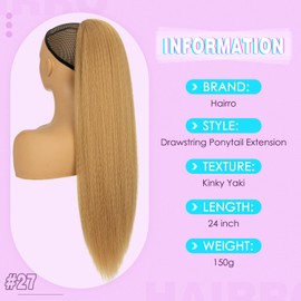 Hairro Drawstring Ponytail Hair Extensions For Women Synthetic Kinky Yaki Pony Tail Hairpieces 24 Inch 150g #27 Natural Blonde